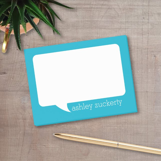 Aqua Blue och White Talk Bubble Personlig Namn Post-it Block (A fun talk bubble design for a personalized post-it notepad. Add your name for a fun office gift.)