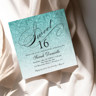 Aqua Blue Ombre Glam Glitter Sweet 16 Square Inbjudningar