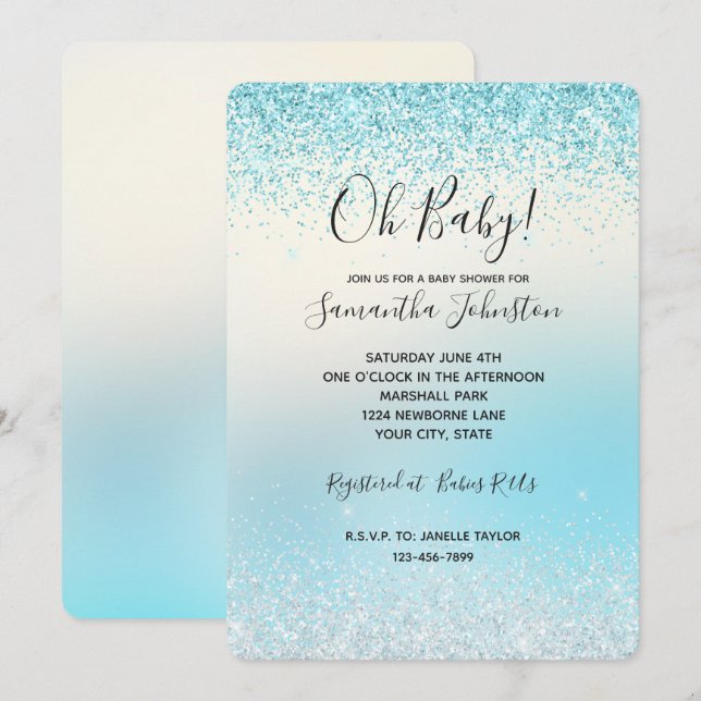 Aqua Blue Ombre Tie dye Glitzy Gnistra Glitter Inbjudningar (Fram/baksida)