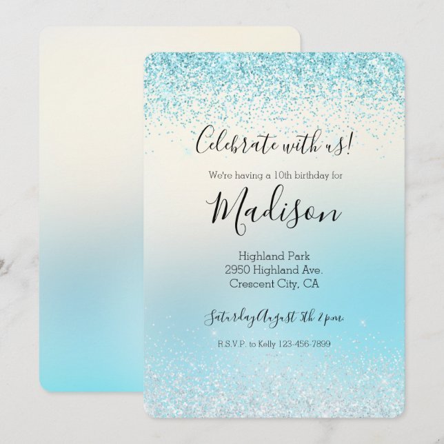 Aqua Blue Ombre Tie dye Glitzy Gnistra Glitter Inbjudningar (Fram/baksida)