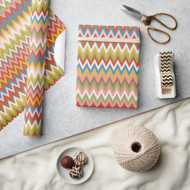 Aqua Blue Orange Rosa Red Lime Green Zigzag Art Presentpapper (Hantverk)