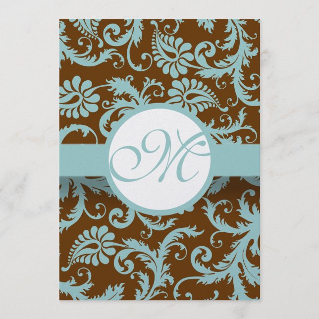 Aqua Blue på Brown Damask Wedding Menu Meny (Framsida)