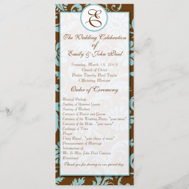 Aqua Blue på Brown Damask Wedding Program (Framsida)