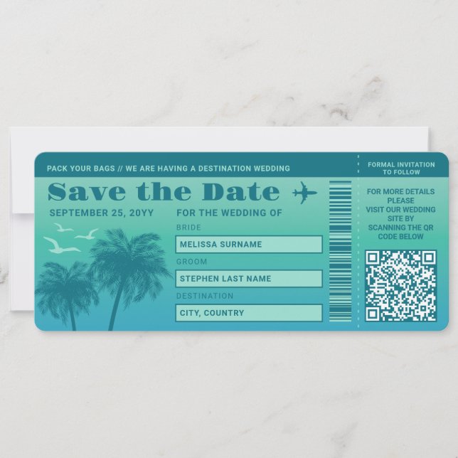 Aqua Blue Palms Fals Boarding Pass Save The Date Inbjudningar (Framsida)
