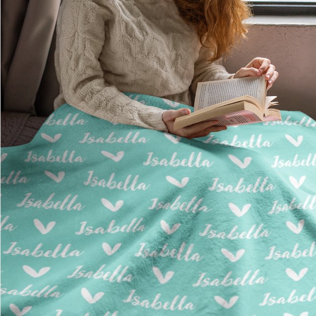 Aqua Blue Personlig Namn Blanket med Hearts Fleecefilt (Skapare uppladdad)