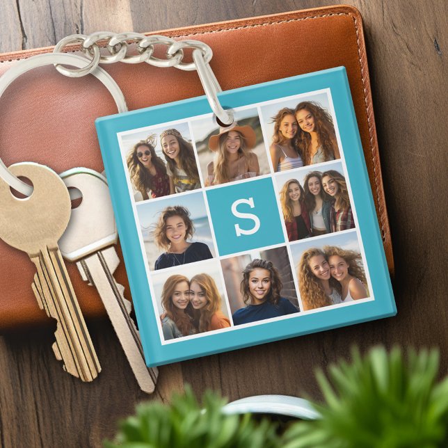 Aqua Blue Photo Collage Anpassningsbar Monogram (Personalized keychain with photo collage and monogram)