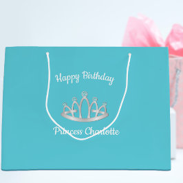 Aqua Blue Princess Tiara Birthday Large Gift Bag