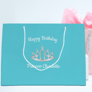 Aqua Blue Princess Tiara Birthday Large Gift Bag