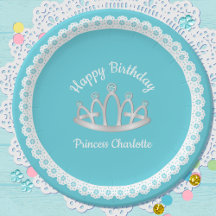 Aqua Blue Princess Tiara Birthday Papper Plate