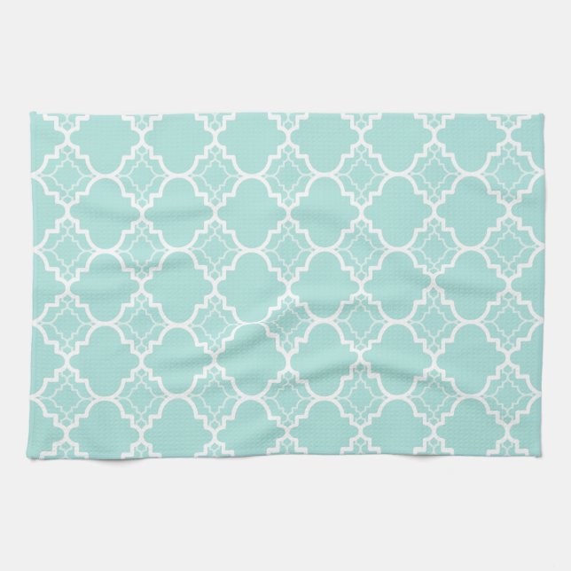 Aqua Blue Quatrefoil Geometric Mönster Kökshandduk (Horisontell)