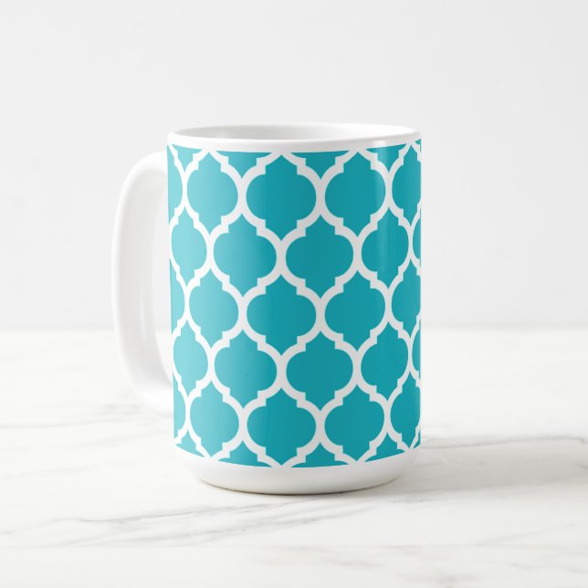 Aqua Blue Quatrefoil Mönster Kaffemugg (Framsida vänster)
