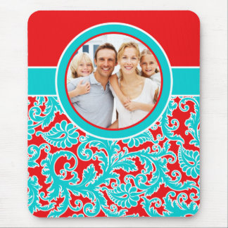 Aqua Blue, Red och White Damask Photo Mousepad Musmatta