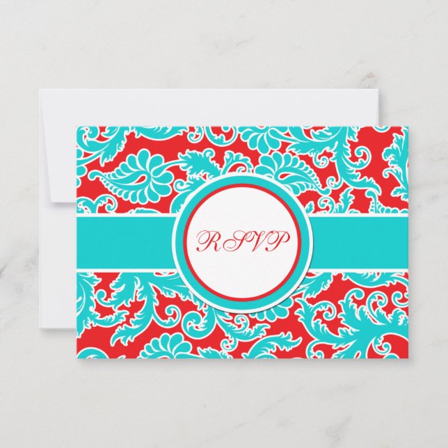 Aqua Blue, Red, White Damask OSA kort (Framsida)
