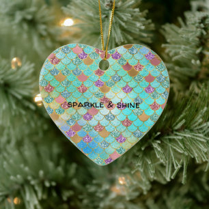 Aqua Blue Rosa Guld Glitter Sjöjungfru Julgransprydnad Keramik