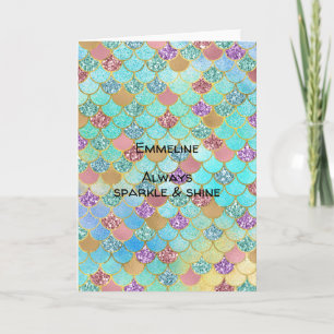 Aqua Blue Rosa Lila Guld Glitter Sjöjungfru Kort