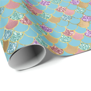 Aqua Blue Rosa Lila Guld Glitter Sjöjungfru Presentpapper