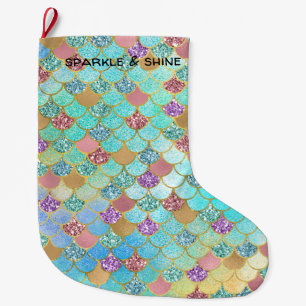 Aqua Blue Rosa Lila Guld Glitter Sjöjungfru Stor Julstrumpa