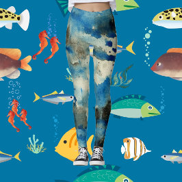 Aqua Blue Sea Abstrakt Art Modern Chic Vattenfärg Leggings