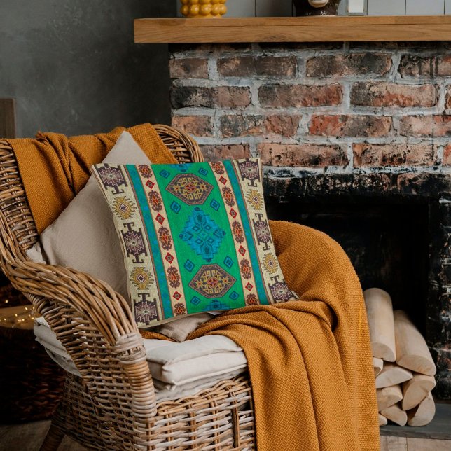 Aqua Blue Shamrock Grönt Vintage Turkisk Kilim Kudde (Skapare uppladdad)