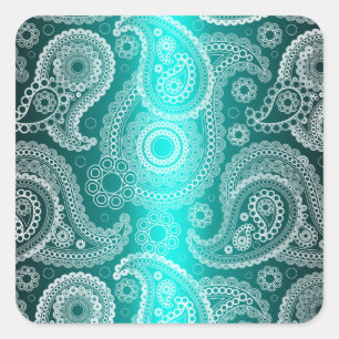 Aqua Blue Shimmer Satin White Snöre Paisley Sticke Fyrkantigt Klistermärke