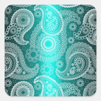 Aqua Blue Shimmer Satin White Snöre Paisley Sticke Fyrkantigt Klistermärke