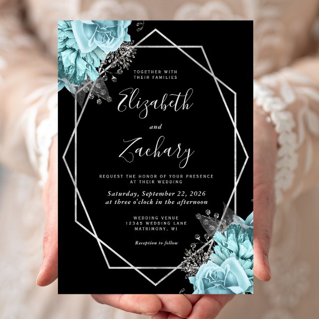 Aqua Blue Silver Floral Black Wedding Inbjudningar (Skapare uppladdad)