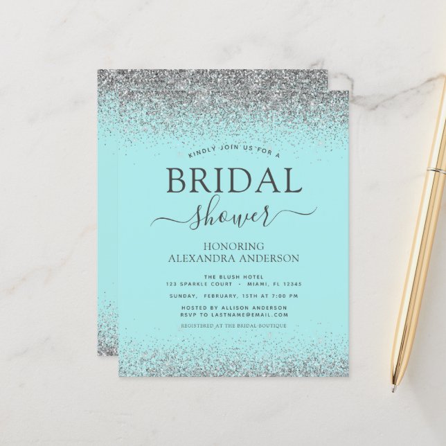 Aqua Blue Silver Glitter Inbjudningskort för möhip (Fram/Back In Situ)