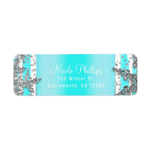 Aqua Blue & Silver Winter Snöflingor Elegant Party Returadress Etikett (Framsidan)