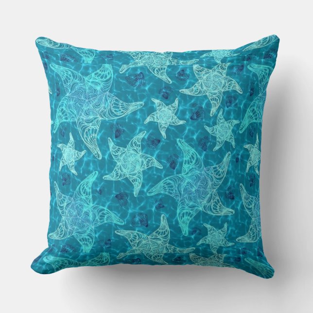 Aqua Blue Starfish Mönster Dekorativ kudde (Framsida)