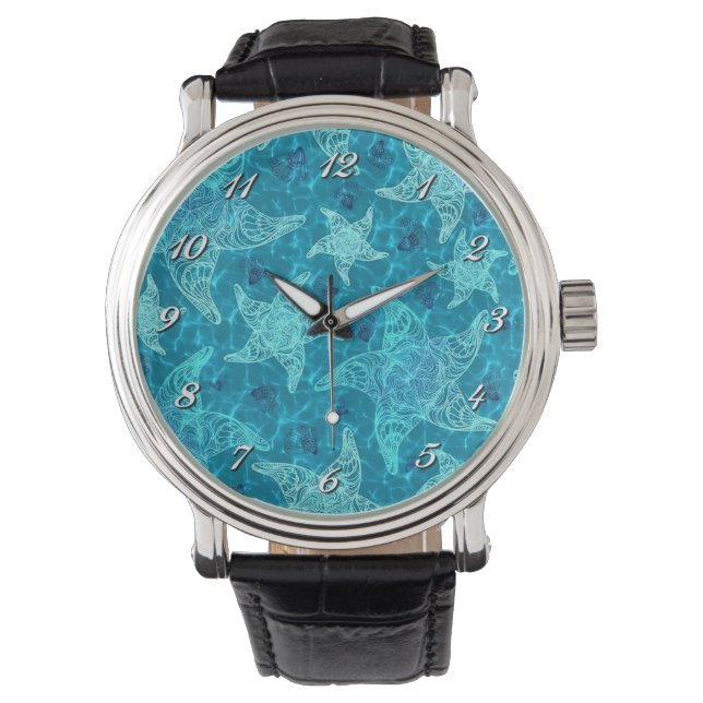 Aqua Blue Starfish Mönster Wrist Watch Armbandsur (Framsida)