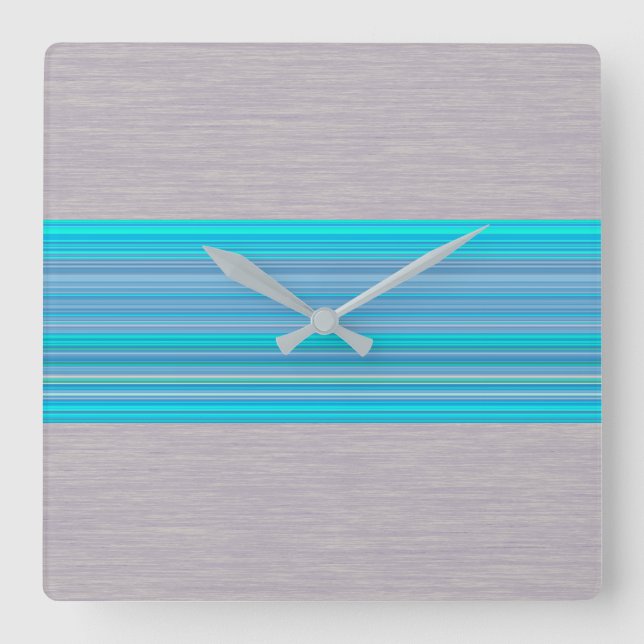 Aqua Blue Stripe Mönster på Silver Grått Fyrkantig Klocka (Framsida)