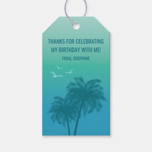 Aqua Blue Summer Sky Palm Trees Birthday Thank You Presentetikett (Framsidan)