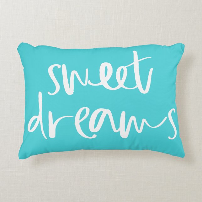 Aqua Blue Sweet Dreams Hand Lettering Pillow Prydnadskudde (Framsidan)