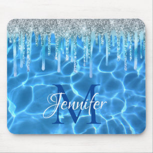 Aqua Blue Swimming Bassäng Glitter Drip Monogram Musmatta