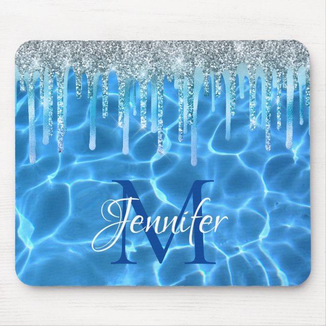 Aqua Blue Swimming Bassäng Glitter Drip Monogram Musmatta (Framsidan)