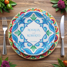 Aqua Blue Talavera-plattor med monogrammet bröllop