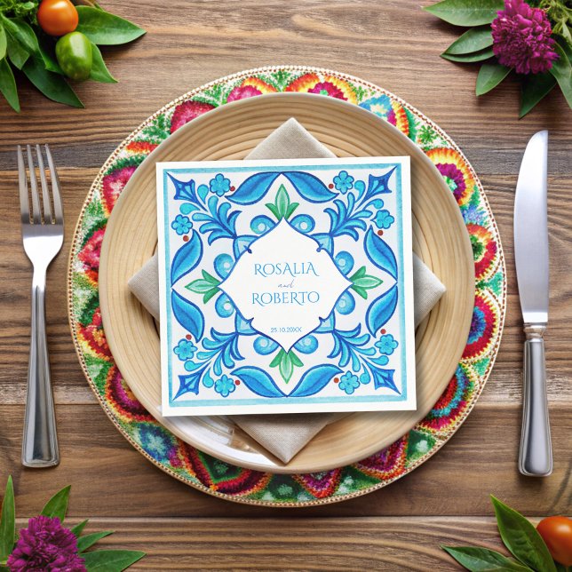 Aqua Blue Talavera-plattor med monogrammet bröllop Pappersservett (Aqua Blue Talavera tiles monogrammed wedding Napkins template vintage Mexican wedding table decor)