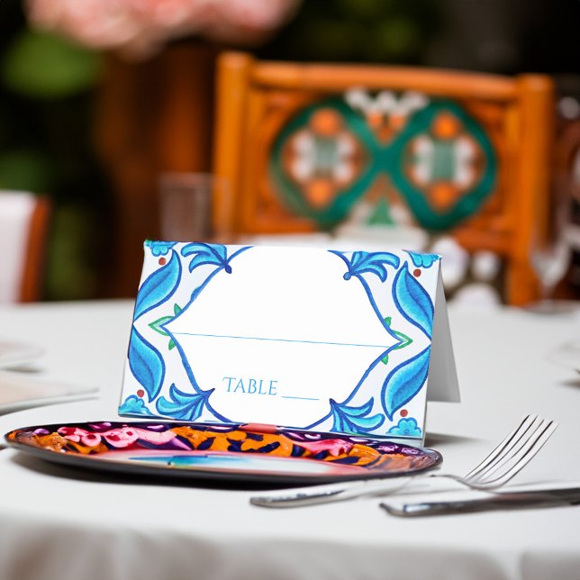 Aqua Blue Talavera-plattor med monogrammet bröllop Placeringskort (Aqua Blue Talavera tiles monogrammed wedding Place Card Mexican fiesta Meditterranean wedding decor)