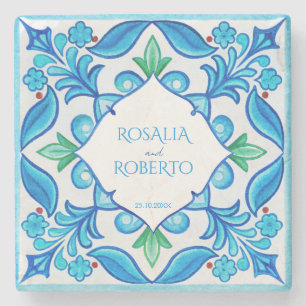 Aqua Blue Talavera-plattor med monogrammet bröllop Stenunderlägg