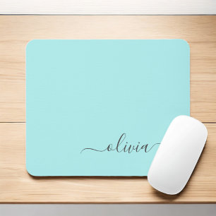 Aqua Blue Teal Girly Script Monogram Namn Modern Musmatta