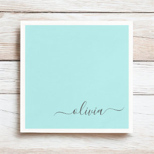 Aqua Blue Teal Girly Script Monogram Namn Modern Pappersservett