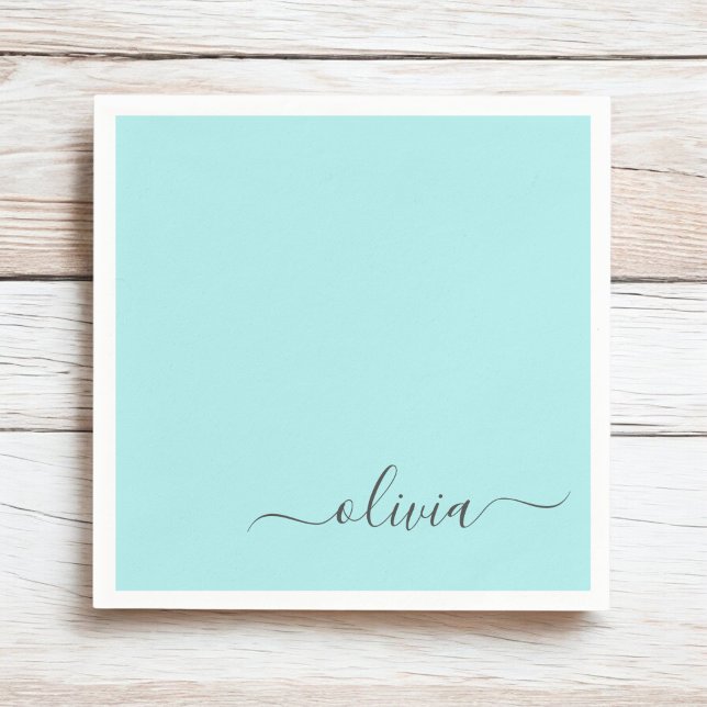 Aqua Blue Teal Girly Script Monogram Namn Modern Pappersservett (Skapare uppladdad)