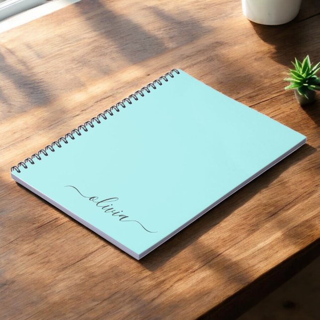 Aqua Blue Teal Modern Script Girly Monogram Namn Anteckningsbok (Skapare uppladdad)