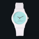 Aqua Blue Teal Modern Script Girly Monogram Namn Armbandsur<br><div class="desc">Aqua Blue Teal and White Simple Script Monogram Namn Watch. Det gör perfekt studenten,  födelsedag,  bröllop,  möhippa,  årsdag,  babydusch eller bachelorette-fest till någon som glam lyx och chic stilar.</div>