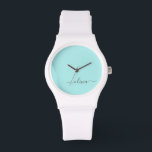 Aqua Blue Teal Modern Script Girly Monogram Namn Armbandsur<br><div class="desc">Aqua Blue Teal and White Simple Script Monogram Namn Watch. Det gör perfekt studenten,  födelsedag,  bröllop,  möhippa,  årsdag,  babydusch eller bachelorette-fest till någon som glam lyx och chic stilar.</div>