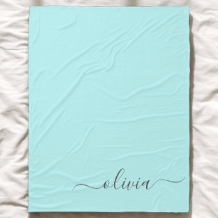 Aqua Blue Teal Modern Script Girly Monogram Namn Fleecefilt