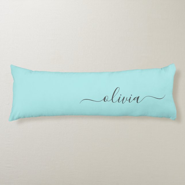 Aqua Blue Teal Modern Script Girly Monogram Namn Kroppskudde (Framsidan)