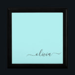 Aqua Blue Teal Modern Script Girly Monogram Namn Minnesask<br><div class="desc">Aqua Blue Teal Simple script Monogram Namn Jewelry Keepsakbox. Det gör perfekt studenten,  födelsedag,  bröllop,  möhippa,  årsdag,  babydusch eller bachelorette-fest till någon som glam lyx och chic stilar.</div>