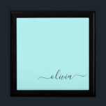 Aqua Blue Teal Modern Script Girly Monogram Namn Minnesask<br><div class="desc">Aqua Blue Teal Simple script Monogram Namn Jewelry Keepsakbox. Det gör perfekt studenten,  födelsedag,  bröllop,  möhippa,  årsdag,  babydusch eller bachelorette-fest till någon som glam lyx och chic stilar.</div>
