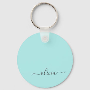Aqua Blue Teal Modern Script Girly Monogram Namn Nyckelring